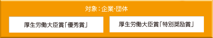 対象：企業・団体　厚生労働大臣賞「優秀賞」「特別奨励賞」　対象：個人　厚生労働大臣賞「個人賞」