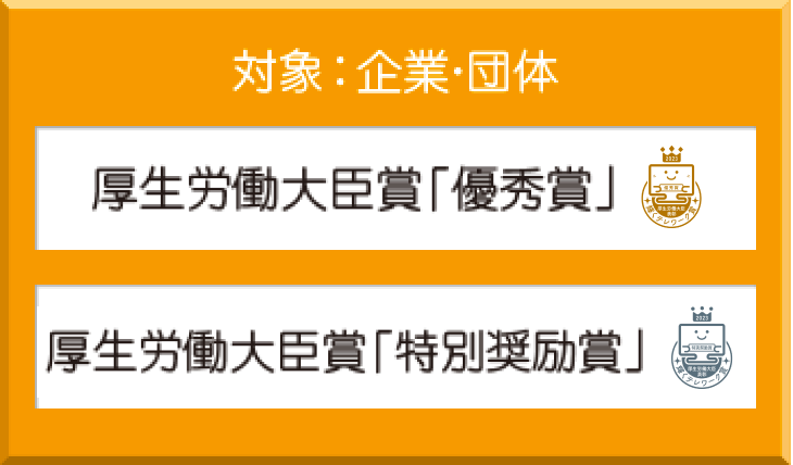 対象：企業・団体　厚生労働大臣賞「優秀賞」「特別奨励賞」　対象：個人　厚生労働大臣賞「個人賞」